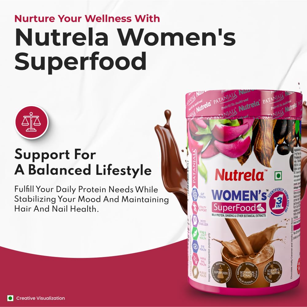 Nutrela Women Superfoods Protein Powder - 400g, Chocolate | Everyday Fitness with Biofermented Multivitamins & Whey Protein to support in Bone & Joints Health , Muscle , Heart , Hair & Nails , Vitality and Mood Stabilizer