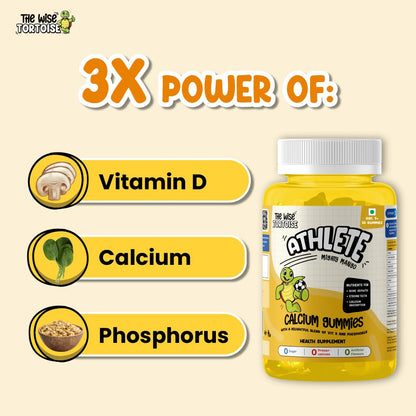 Athlete Kids Calcium + Vitamin D + Prebiotics Gummies | 0 Sugar | Bone Strength, Growth & Teeth Health | 5-15 Years | Mighty Mango Flavor | 30 Gummies | The Wise Tortoise TWT