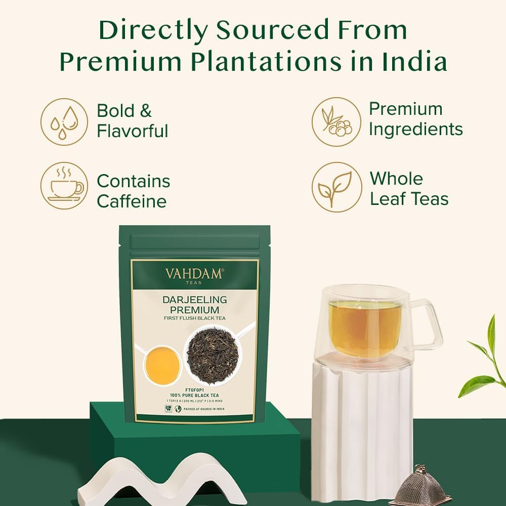 VAHDAM, First Flush Darjeeling Tea - (100g) | Loose Leaf Black Tea - Flowery, Aromatic & Delicious | Champagne Of Teas | Mellow & Fragrant | Direct From India | Vacuum Sealed