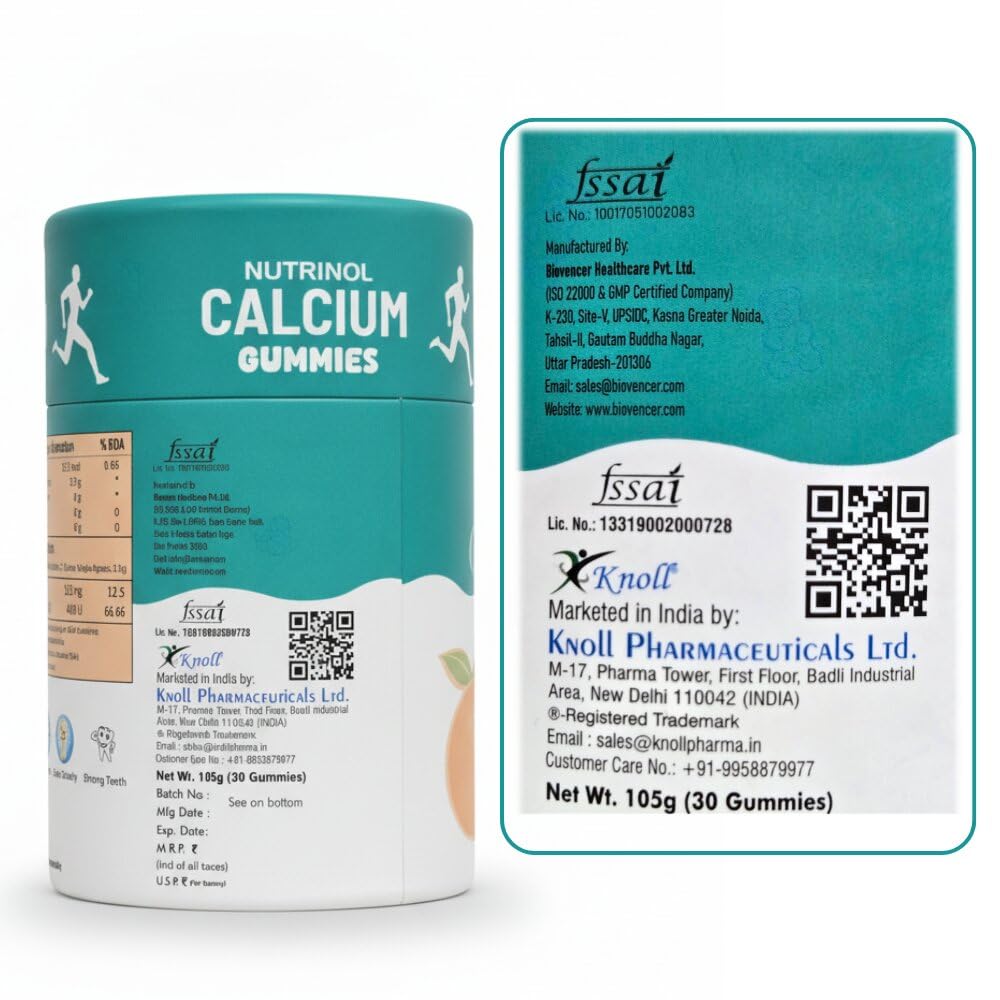 Knoll Healthcare Nutrinol Calcium Gummies with Vitamin D3 | Bone Health, Teeth Strength & Muscle Support | No Added Sugar | Peach Flavour Calcium Supplement for Men, Women & Kids | 60 Gummies
