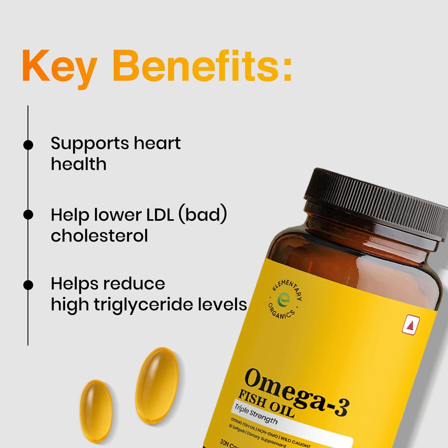Elementary Organics Omega 3 Fish Oil Capsules 1000mg for Men & Women | Fish Oil Omega 3 Supplement for Heart, Joints, Bones & Skin - 60 Softgels