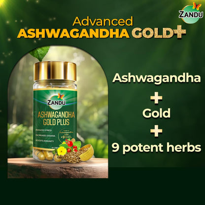 Zandu Ashwagandha Gold Plus | Made with Gold, Ashwagandha, Safed Musli, Shilajit & Other Ayurvedic Ingredients | Helps to Boost Stamina, Strengthens Immunity | 60 Caps