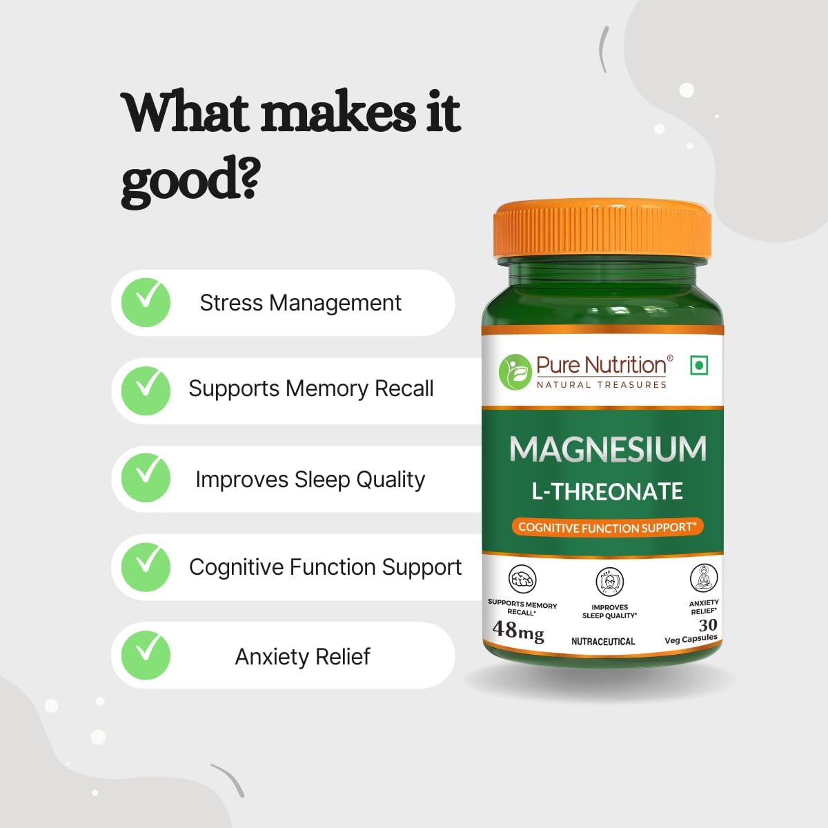 Pure Nutrition Magnesium L Threonate Supplement – 30 Tablets | Magnesium Supplement Suports Relaxation & Better Sleep | Enhances Memory, Cognitive Function & Brain Health