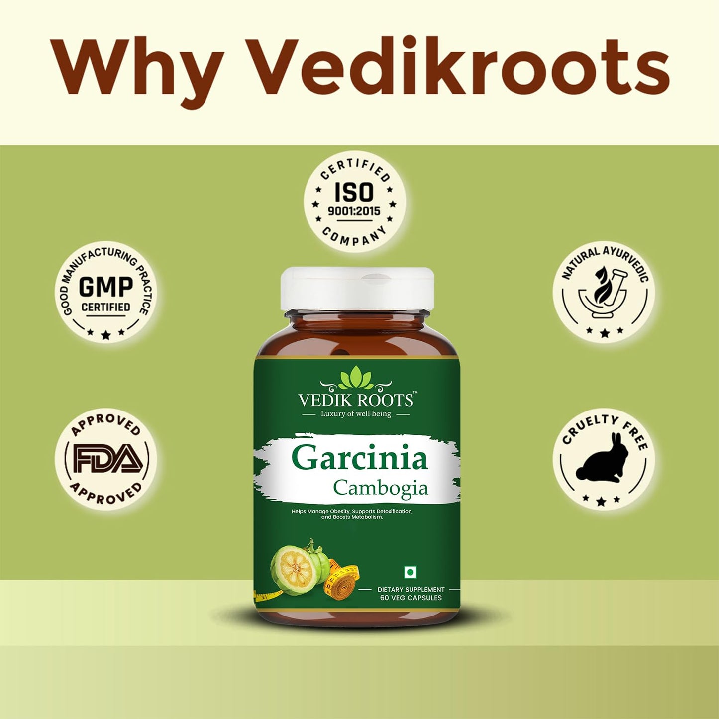 Vedikroots Garcinia Cambogia – Natural Weight Loss & Fat Burner for Belly Fat Control | Supports Appetite Control, Metabolism Boost | Herbal Supplement | 60 Capsules
