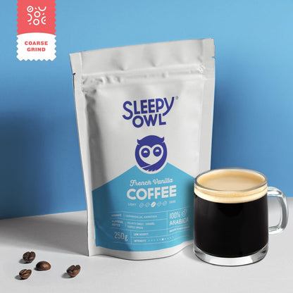 Sleepy Owl French Vanilla Ground Coffee for French Press | Medium Roast | 100% Arabica | Coarse Grind Coffee | Also Suitable for Cold Brewing | 250g | Directly Sourced From Chikmagalur