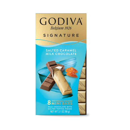 GODIVA Signature Salted Caramel Milk Chocolate Mini Bars 90g With Free Flavourito Kunafa Pistachio Chocolate Bar, 20g By Decadent Foods (Imported Turkey)