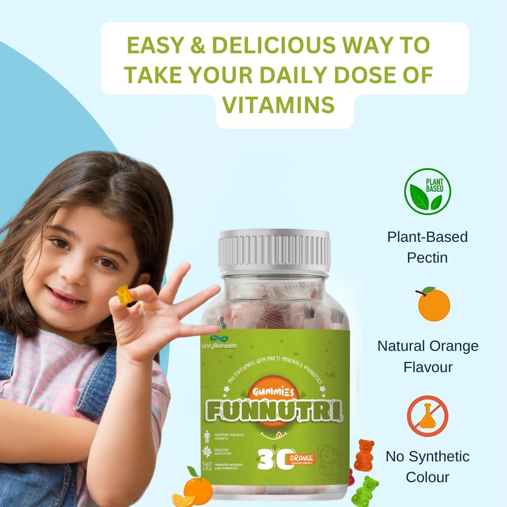 UNITY BIOHEALTH Funnutri Multivitamin Gummies for Kids Men & Women Supplement With Biotin, Essential Multi Vitamin For Healthy Growth, Development and immunity boosters for adults - 30 Gummy Bears