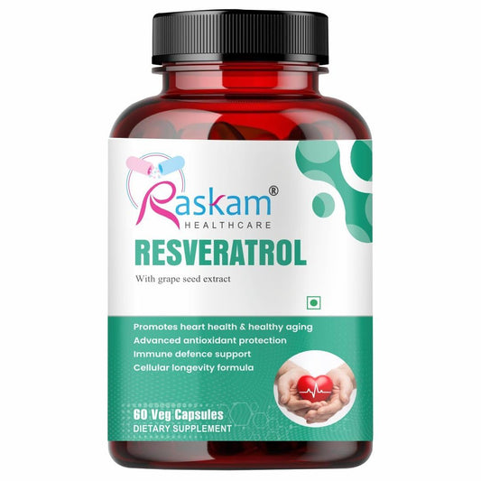 Raskam Resveratrol Supplement with Grape Seed Extract | 60 Veg Capsules | Highly Bioavailable | Antioxidant Support for Healthy Aging | Heart, Immune & Skin Support