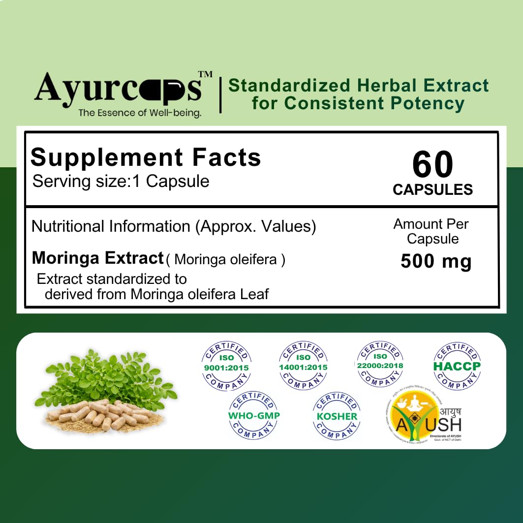 Ayurcaps Moringa Capsules | Moringa Leaves Extract 500mg | Herbal Ayurvedic Supplement For Daily Wellness, Energy & Active Lifestyle Support | Rich In Vitamins & Minerals | Vegan Pure Veg Capsules | 60 Capsules