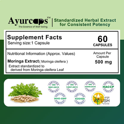 Ayurcaps Moringa Capsules | Moringa Leaves Extract 500mg | Herbal Ayurvedic Supplement For Daily Wellness, Energy & Active Lifestyle Support | Rich In Vitamins & Minerals | Vegan Pure Veg Capsules | 60 Capsules