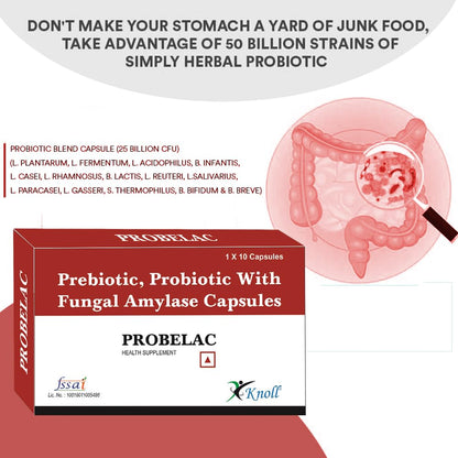 Knoll Healthcare Probelac Prebiotic Probiotic Capsules with Lactobacillus Acidophilus & Lactobacillus Rhamnosus | Fungal Amylase | Gut & Digestive Support | 30 Capsules (Pack of 3)