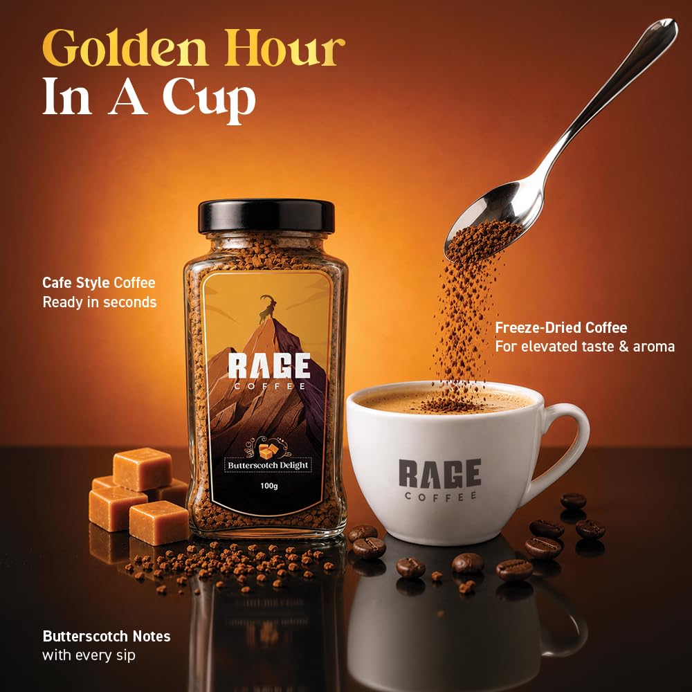 Rage Coffee Butterscotch Delight Flavour - Premium Arabica Instant Coffee (Make Delicious Hot/Cold Coffee) | (Butterscotch Delight, 100g)