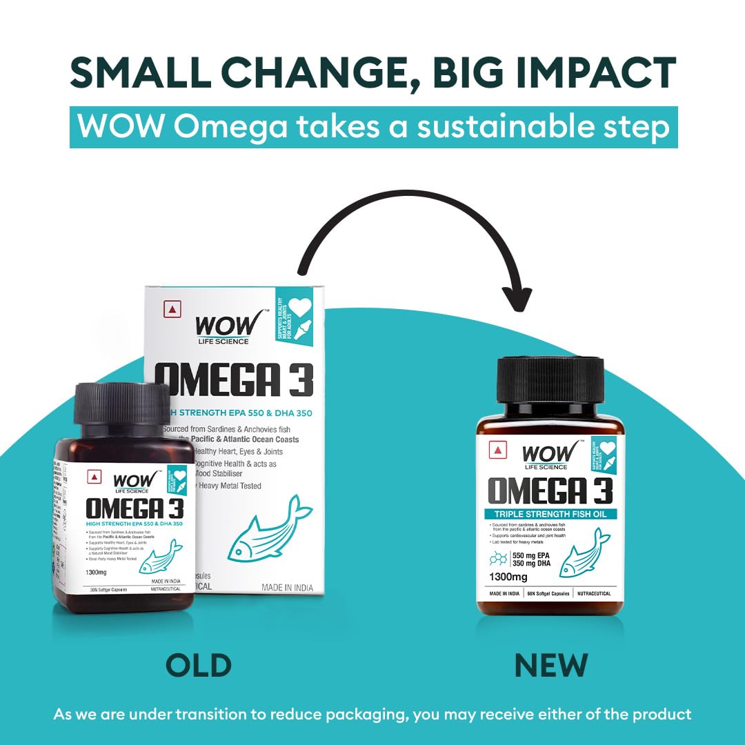 WOW Omega-3 Fish Oil 1300 mg Triple Strength 550mg EPA 350mg DHA, Burpless, Mercury free, Ideal for Keto Diet