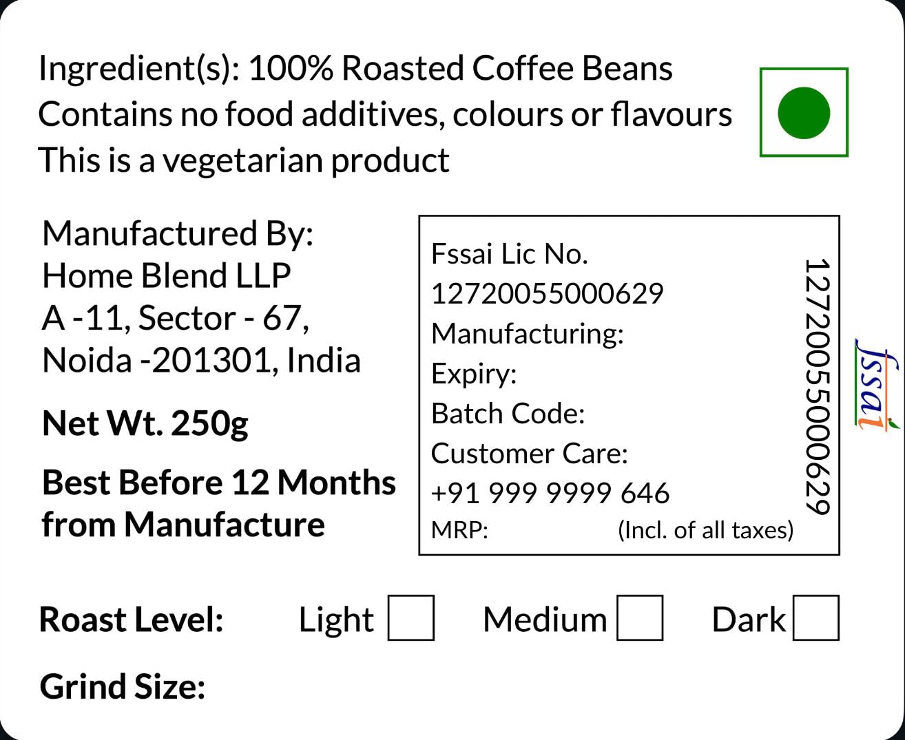 Home Blend Coffee Roasters - Ground Coffee - Custom Roast - Premium Arabica 'AAA' Grade - Pack of 250g (Medium Roast, South Indian Filter)