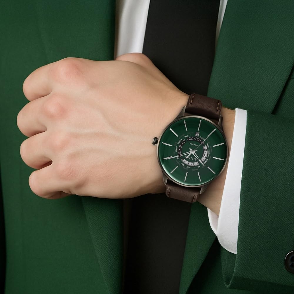Titan Green Dial World Time with Date Leather Strap Analog Watch for Me- image 3