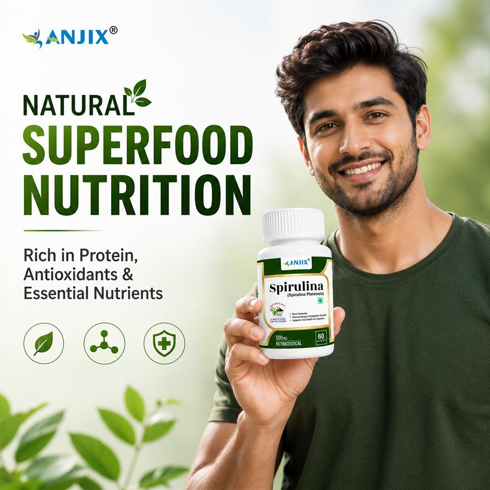 ANJIX Spirulina 500 mg Veg Capsules | Plant Based Superfood Supplement for Energy Immunity & Daily Wellness | 60 Capsules
