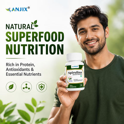 ANJIX Spirulina 500 mg Veg Capsules | Plant Based Superfood Supplement for Energy Immunity & Daily Wellness | 60 Capsules