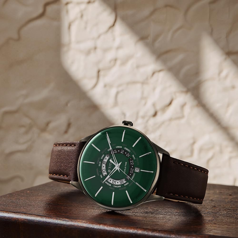 Titan Green Dial World Time with Date Leather Strap Analog Watch for Me- image 4