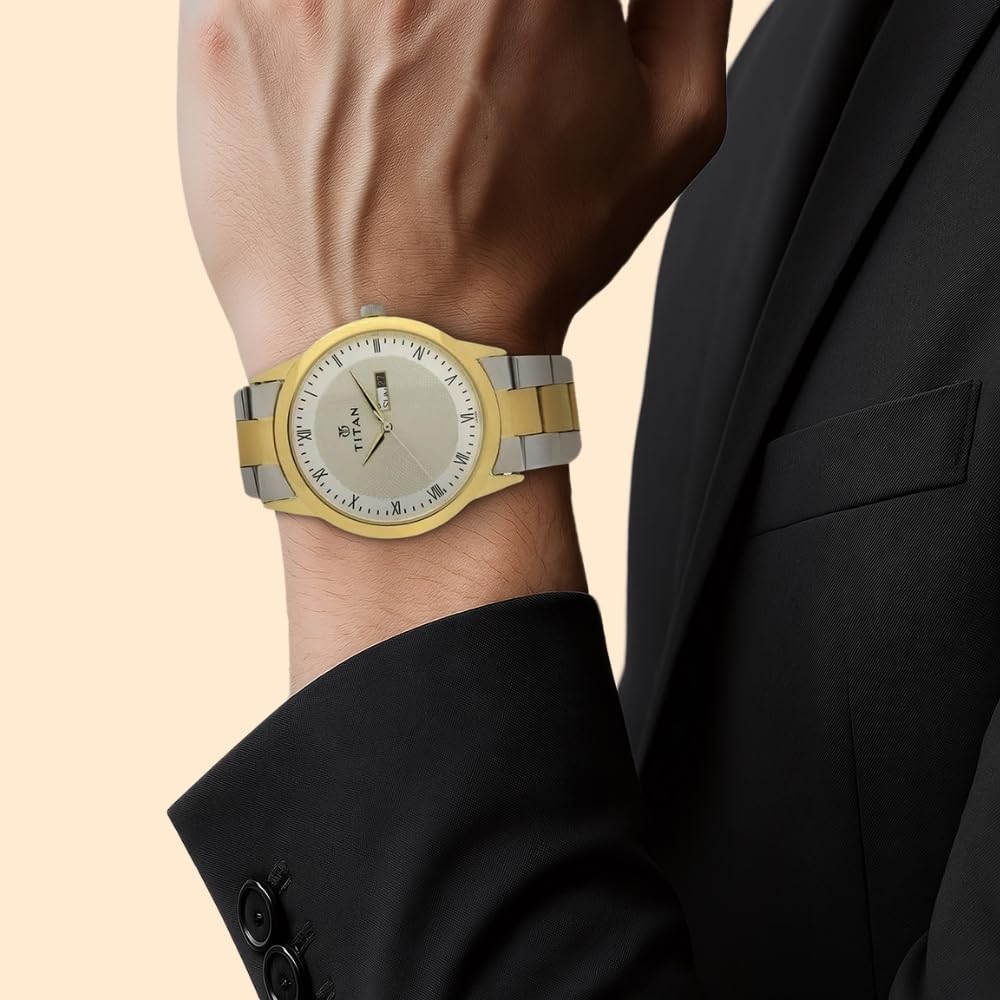 Titan Quartz Analog With Day & Date Champagne Dial Two Toned Silver & Gold Stainless Steel Strap Watch for Men - NT1584BM02