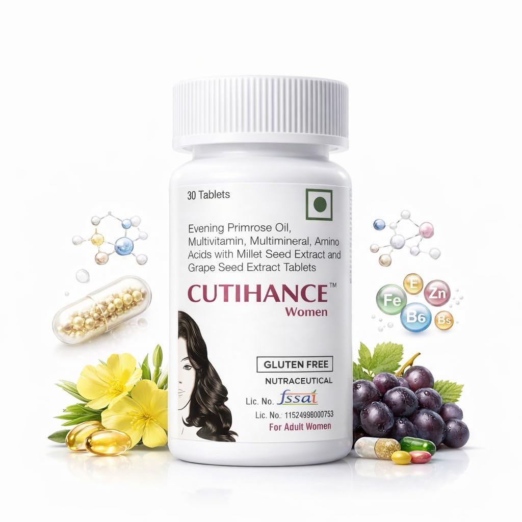 Cutihance Tablet, Hair Growth Supplement Complex with Evening Primrose Oil, Multivitamin, Multimineral, Amino Acids, Grape Seed Extract, Beta-Sitosterol, Tablets, For Strong and Shiny Hair (Women)