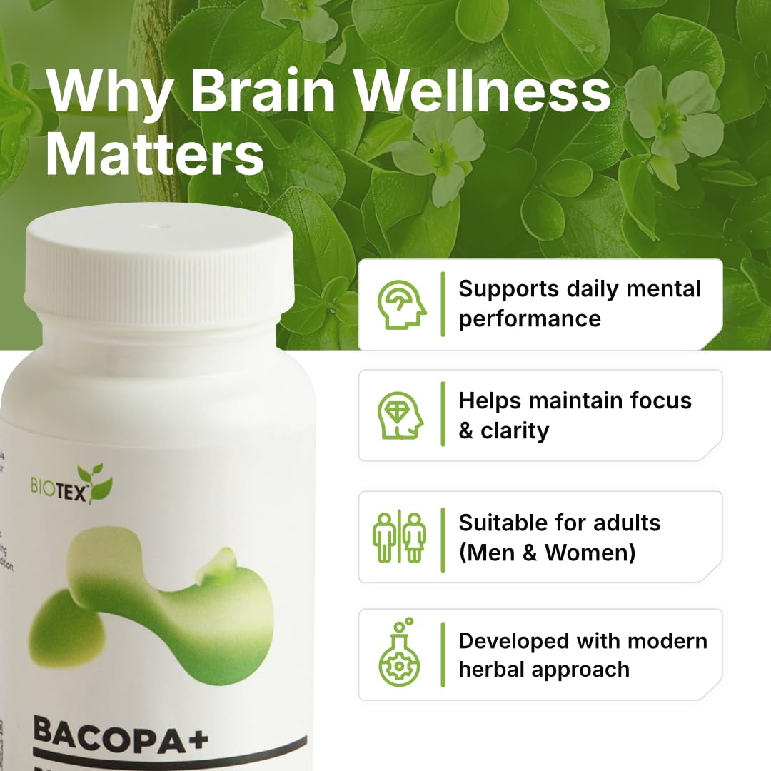 Biotex Bacopa+ 500mg | Brahmi (Bacopa monnieri) 400mg + Haridra (Curcuma longa) 100mg | Memory & Focus Support | Ayurvedic Herbal Supplement | Vegetarian Capsules | Gluten-Free | 30 Count