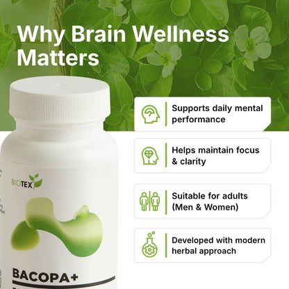 Biotex Bacopa+ 500mg | Brahmi (Bacopa monnieri) 400mg + Haridra (Curcuma longa) 100mg | Memory & Focus Support | Ayurvedic Herbal Supplement | Vegetarian Capsules | Gluten-Free | 30 Count