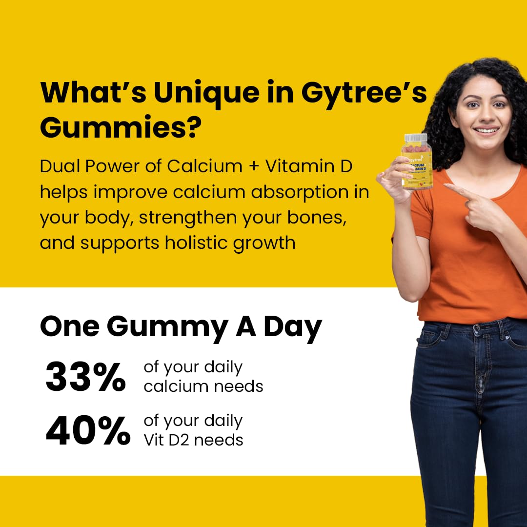 Gytree Calcium + Vitamin D Gummies for Women | Stronger Bones, Joints & Immunity | Formulated in New Zealand | 100% Vegan | Strawberry Flavour (30 Count)