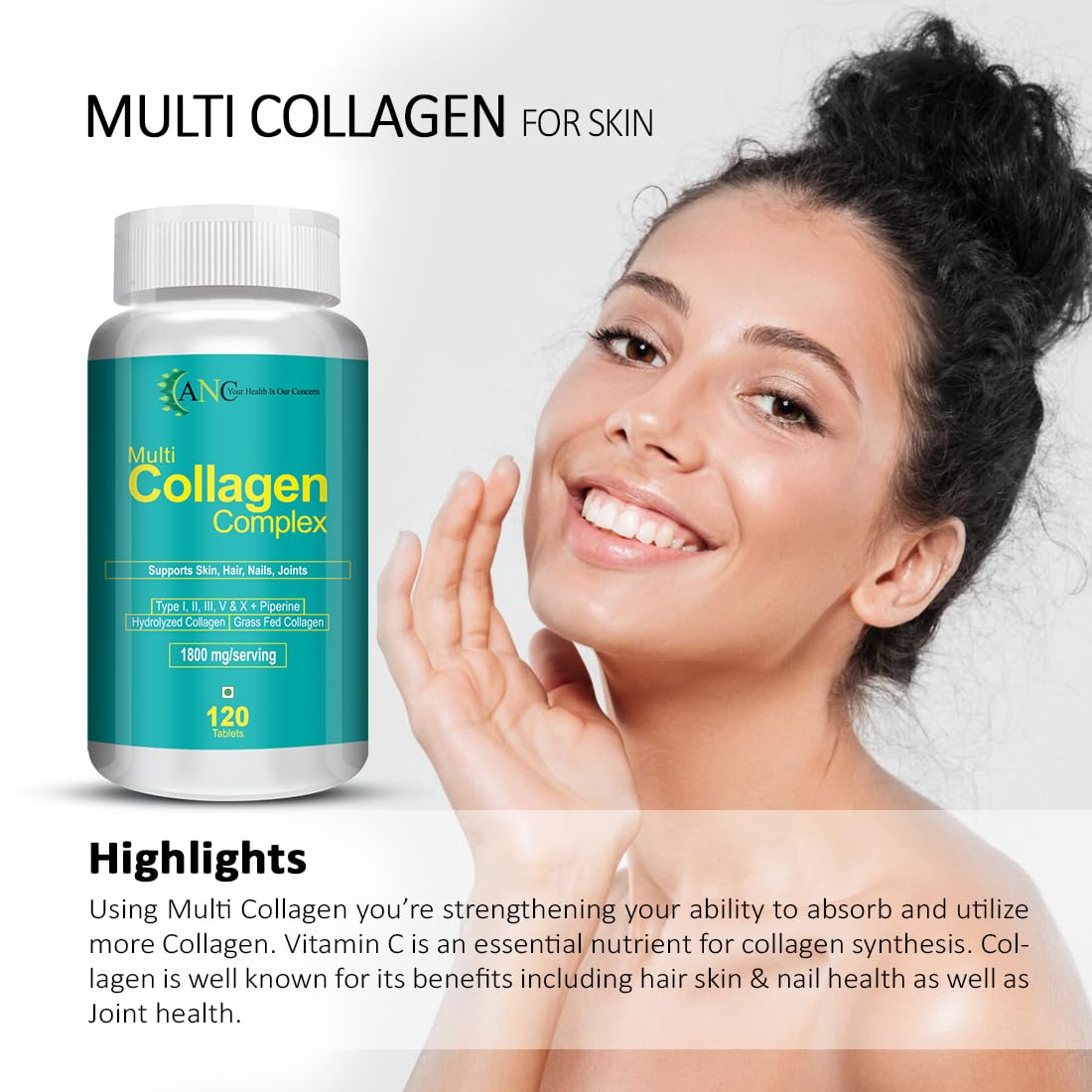 ANC Hydrolyzed Multi Collagen Peptide with all 5 Types of Collagen Including TYPE I, II, III, V & X Supports Skin, Hair, Nails & Joints 120 Tablets