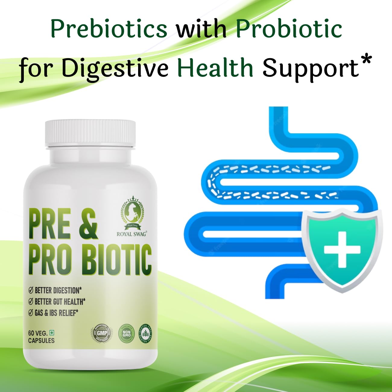 ROYAL SWAG Probiotic and Prebiotic Tablets- Pre + Probiotic for Women and Men Gut Health Support for Digestive Wellness- Vegan, Non-GMO, Gluten Free - 60 Caps (60 Day Servings)