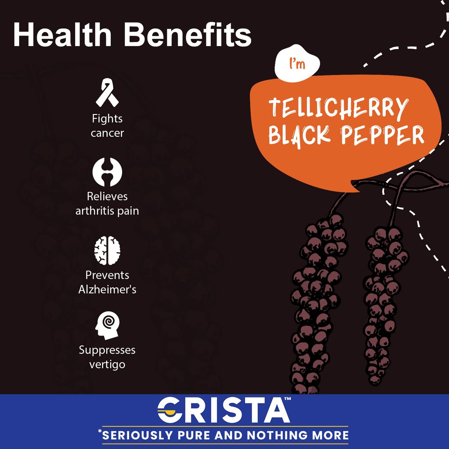 CRISTA Tellicherry Whole Black Pepper | Sun-dried | Zero added Colours, Fillers, Additives & Preservatives | High Volatile Oil Content | Natural | 100 gms
