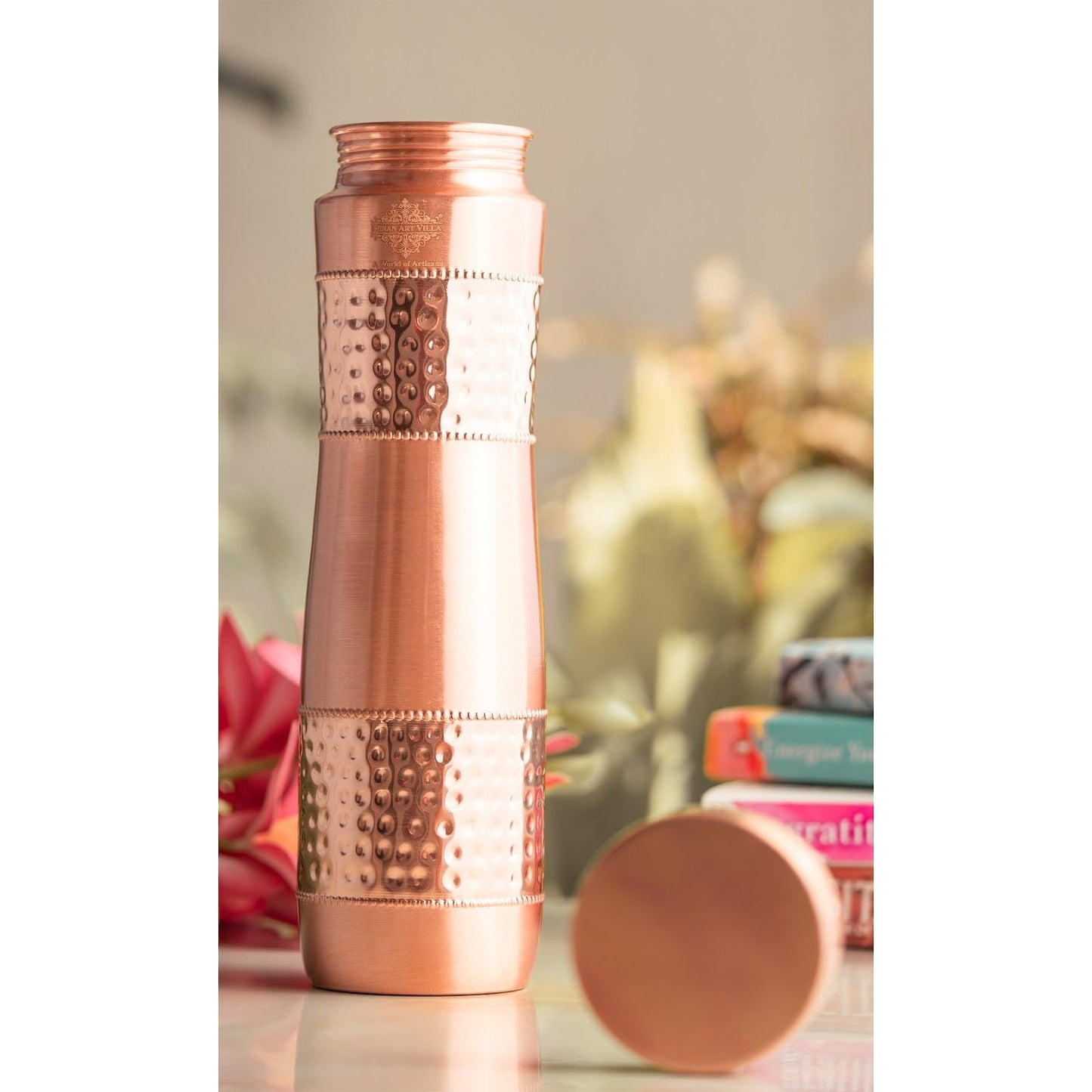 INDIAN ART VILLA Pure Copper Water Bottle With Half Lacquer Hammered Ch- image 8