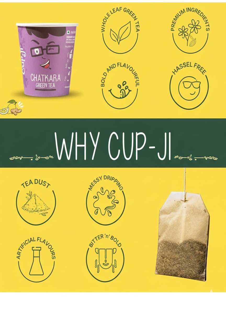 Cup-Ji Ready to Sip Chatkara Green Tea | Improves Digestion | Guilt-free | Non Bitter & Whole Leaf Green Tea | No Calorie | 10 Cups with 210 ml Cup Size