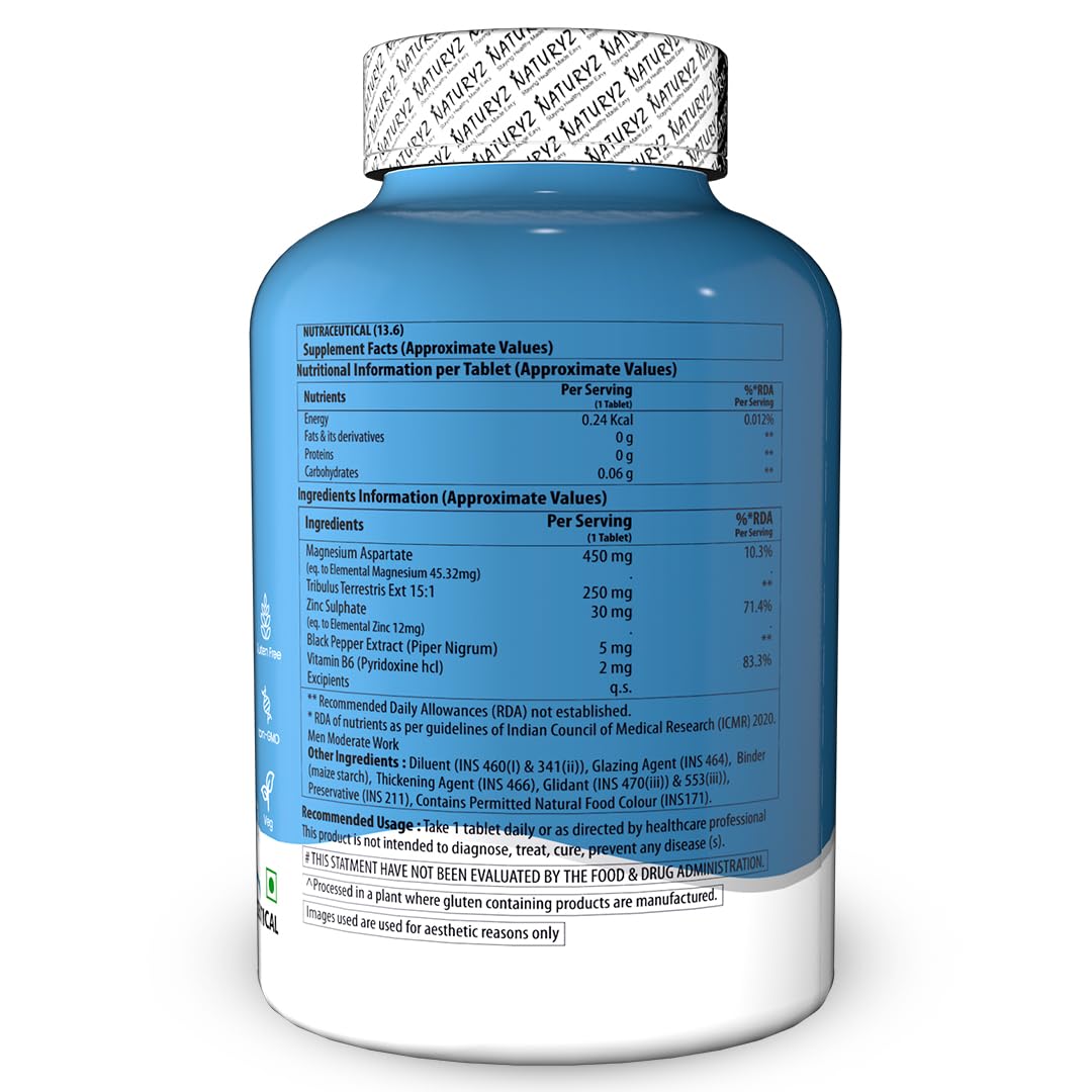 Naturyz Triple Strength ZMA Plus, 5-in-1 Muscle Strength & Nightime Recovery Support Supplement with 450 mg Magnesium Aspartate, Tribulus, Zinc, B6, Black Pepper for Men & Women - 50 Tablets