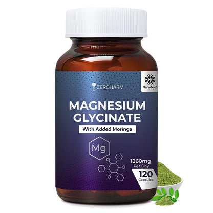 ZEROHARM Magnesium Glycinate with Moringa - High Absorption Nano Magnesium Supplement for Sleep, Stress Relief & Muscle Relaxation - 120 Veg Capsules - Plant-Based High Strength 1360mg for Men & Women