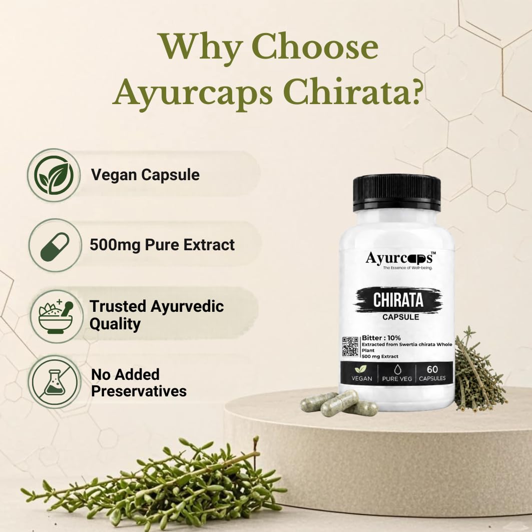 Ayurcaps Chirata Capsules 500mg, Chirayata Whole Plant Extract With 10% Bitter, Supports Liver Health, Digestion And Natural Detox, Supports Blood Purification And Immune Wellness, 60 Veg Capsules