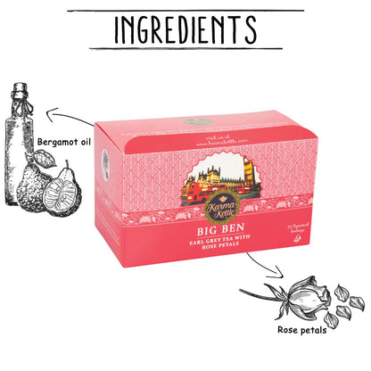 Karma Kettle Big Ben Earl Grey Assam Tea with Bergamot Oil & Rose Petals (25 Nos Pyramid Teabag Box), 50 g