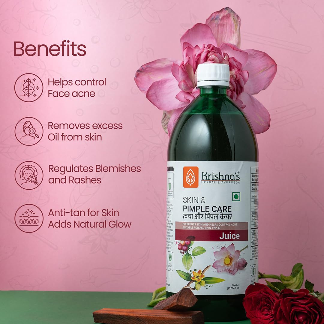 KRISHNA'S HERBAL & AYURVEDA Skin & Pimple Care Juice - 1000 Ml | Ayurvedic Skin Care Expert With Manjisth, Rose, Sankhpushpi & 13 Other Herbs | Helps In Reducing Acne, Pimples & Dark Spot