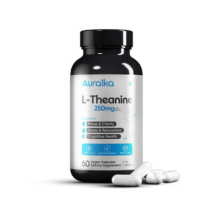 Auraika L Theanine Supplement 250mg – 60 Capsules | Stress Support, Relaxation & Focus | Non-Drowsy Calm with Vitamin B6 | Supports Brain Health & Cognitive Function
