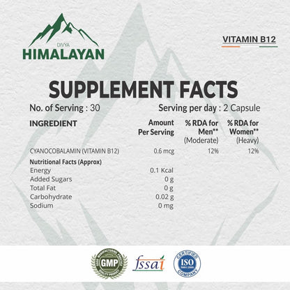 Divya Himalayan Vitamin B-12 Support Supplement, 60 Capsules, Energy Production, Immune Function, Nerve Health