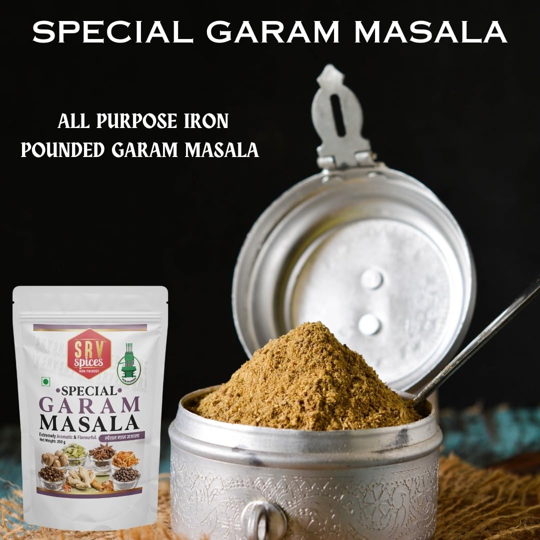 SRV Spices Special Garam Masala | Strong & Aromatic Khada Masala Blend | Iron Pounded All-Rounder Masala | Reusable Pouch Packaging (250g)