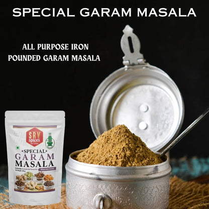 SRV Spices Special Garam Masala | Strong & Aromatic Khada Masala Blend | Iron Pounded All-Rounder Masala | Reusable Pouch Packaging (250g)