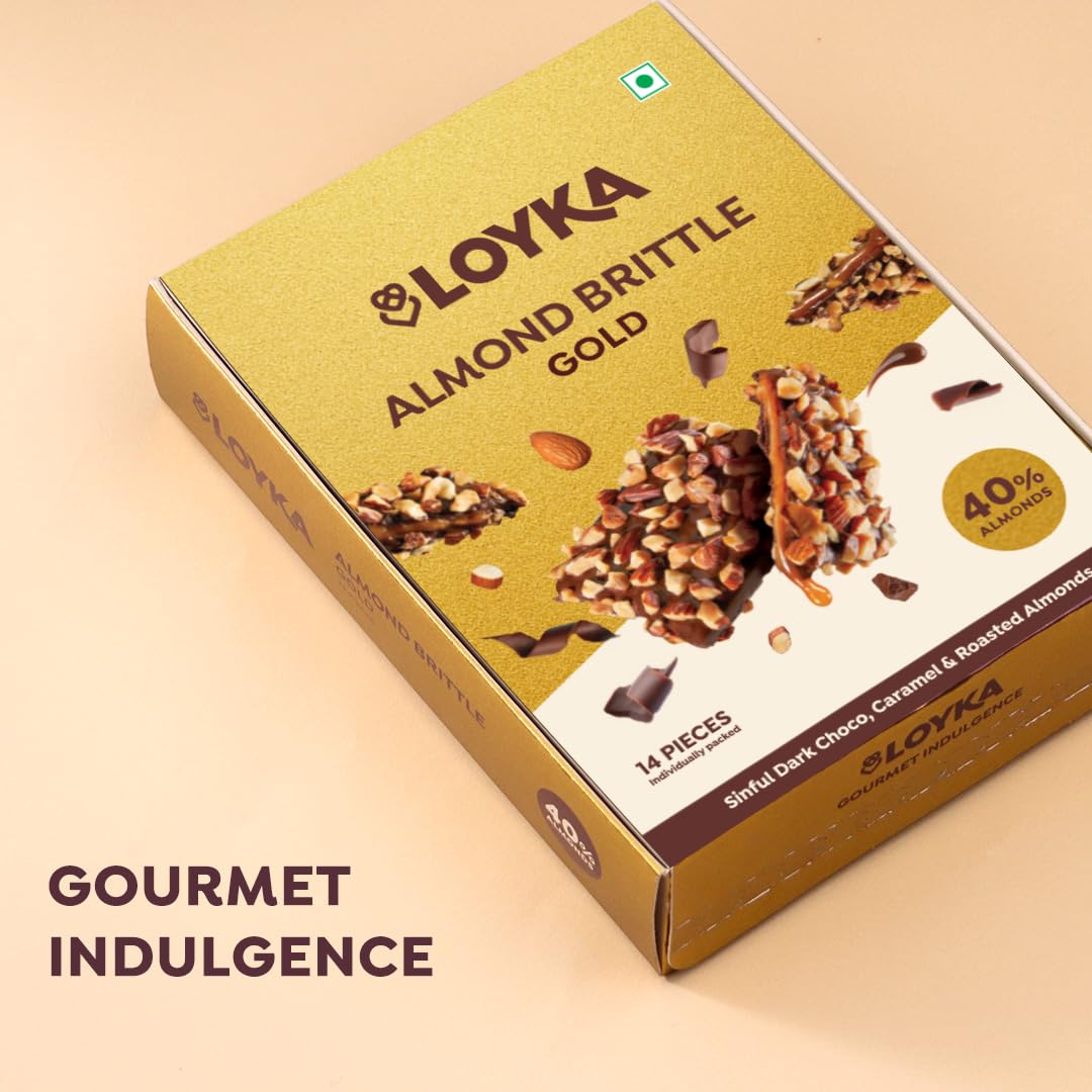 LOYKA Almond Brittle Gold Choco Box 14 Pcs (Pack of 1) | Premium Chocolate Gift Hamper|Choco & Nut Dryfruit Delicacy|Roasted California Almonds (40%),Dark Choco,Salted Caramel,Any-Time Snack