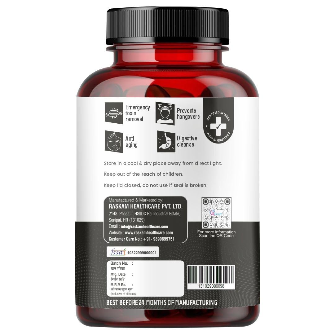 Raskam Activated Charcoal | Helps in Digestion, Bloating, Liver & Kidney Detox | 100 Veg Capsules