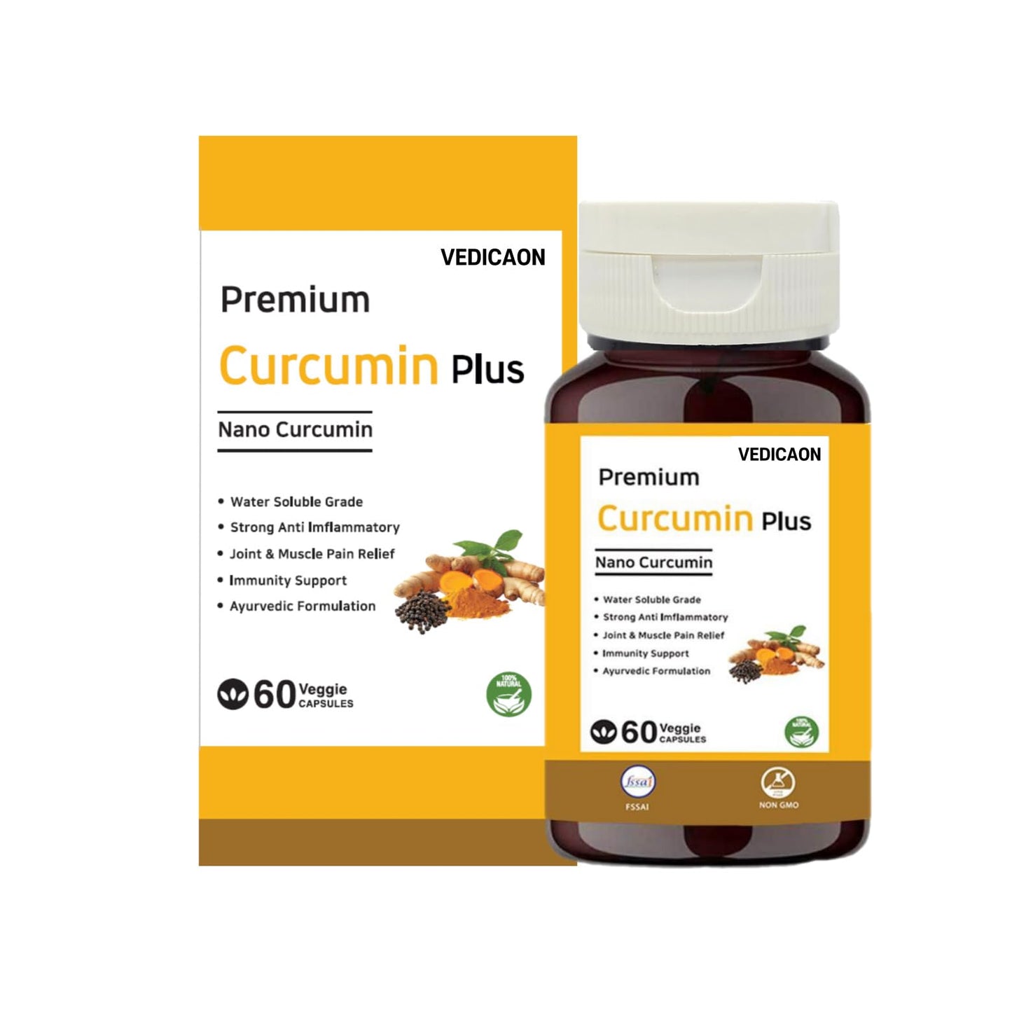 Vedicaon Natural Curcumin Plus 500mg, Extra Pure Nano Curcumin capsules with Bioperine - 60 Veg Capsules