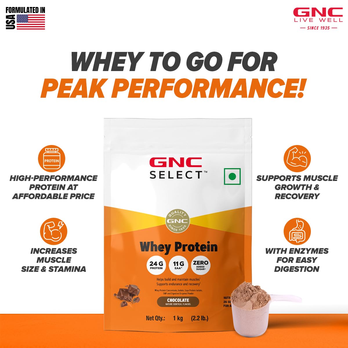 GNC Whey Protein Blend With Free Shaker | 2.2 LBS (1KG) | Chocolate |24 Gm Protein| Digestive Enzyme For Better Digestion | Faster Muscle Recovery | Boosts Strength| Builds Lean Muscles| Imported