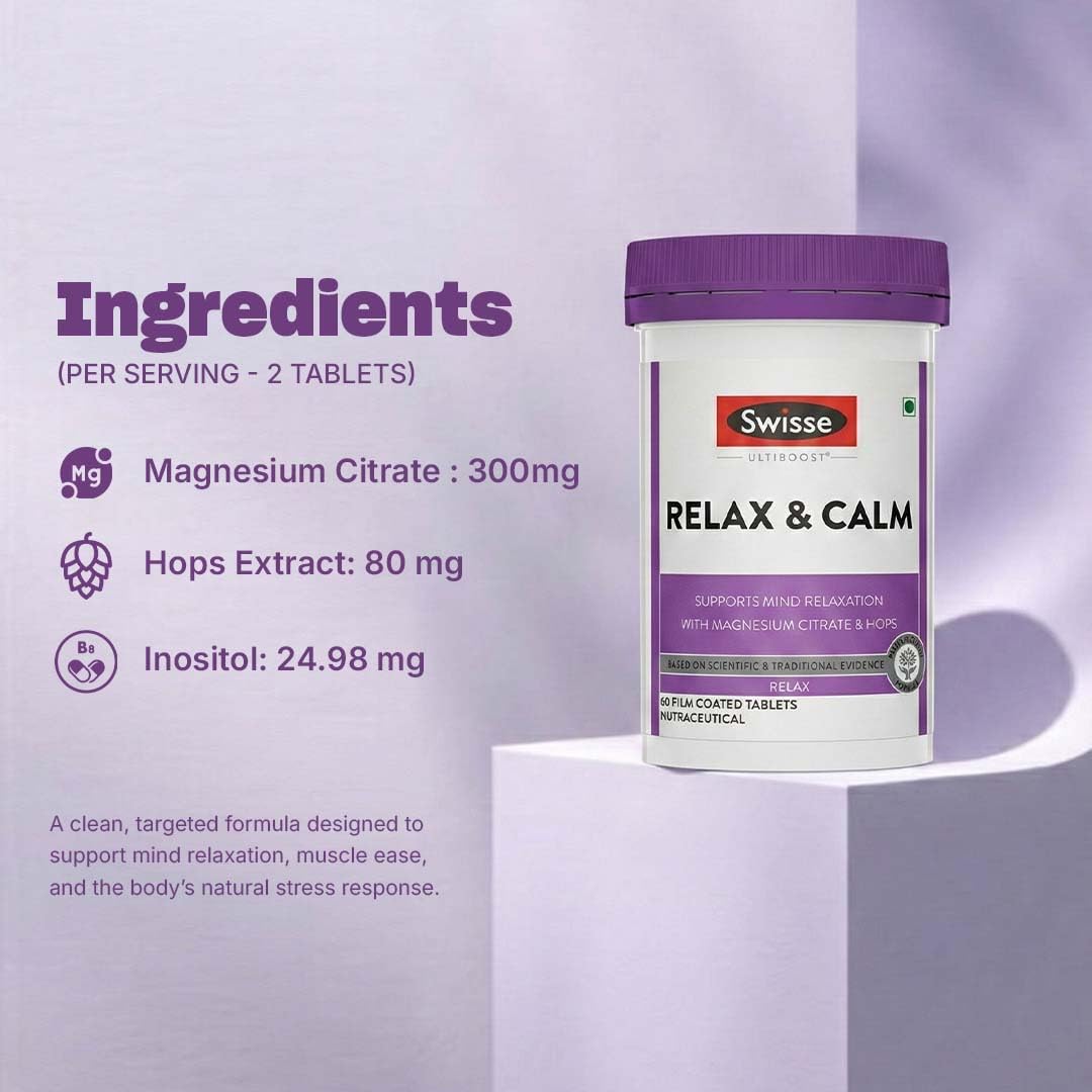 Swisse Relax & Calm - 300mg Magnesium Citrate with Hops & Inositol - Helps Muscle Recovery, Supports Mind Relaxation & Healthy Sleep Cycles | Non-Drowsy Everyday Formula (60 Tablets)
