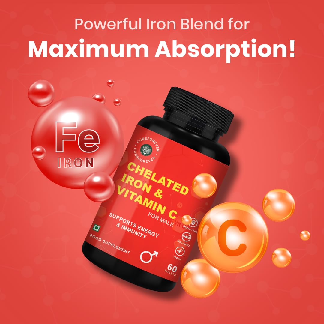 CUREFOREVER Chelated Iron & Vitamin C 60 Tablets for Men - High Absorption Iron & Vitamin C Supplements for Energy, Immunity, Skin Tiredness & Fatigue