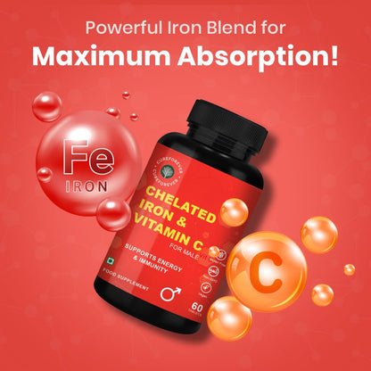 CUREFOREVER Chelated Iron & Vitamin C 60 Tablets for Men - High Absorption Iron & Vitamin C Supplements for Energy, Immunity, Skin Tiredness & Fatigue