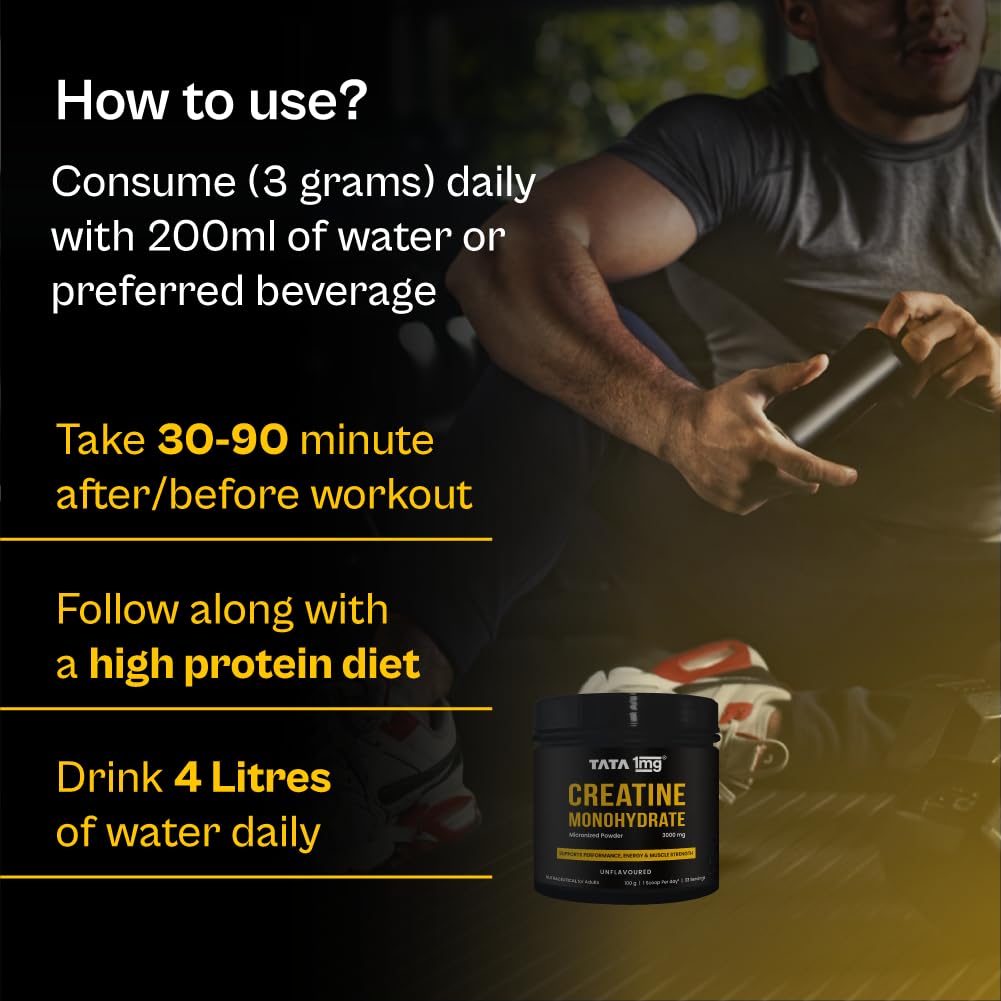 TATA 1MG Creatine Monohydrate | Pure, Micronized (83 servings,250gm) No Additives, No Preservatives | Zero Calories | Boosts Strength, Power & Recovery | Fast Absorption | Unflavoured