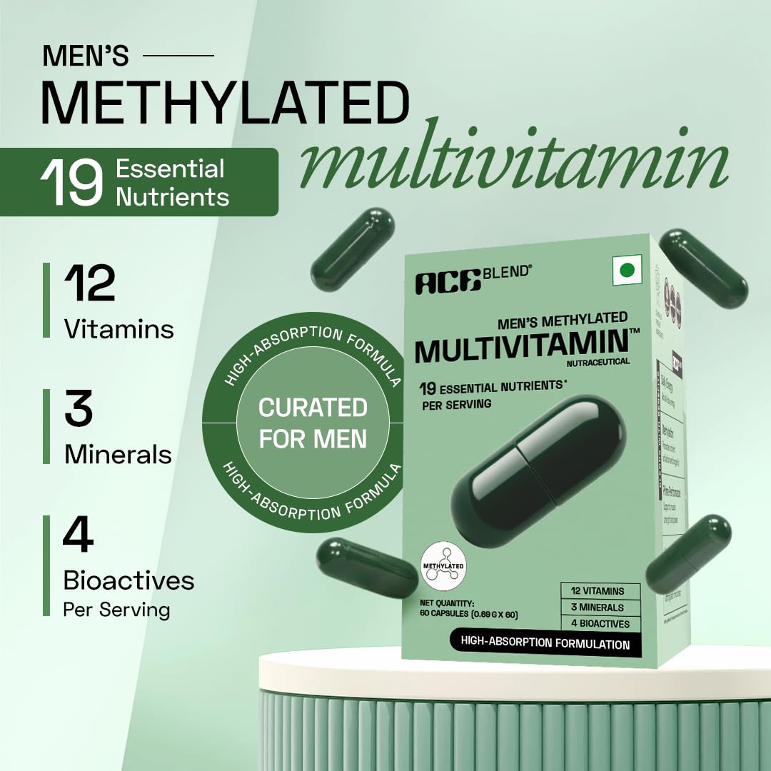 Ace Blend Multivitamin Capsules for Men | Pack of 60 | Methylated Multivitamin with 19 Essential Nutrients | Quatrefolic, MenaQ7 & Vitashine D3 | Supports Energy, Immunity, Focus & Heart Health